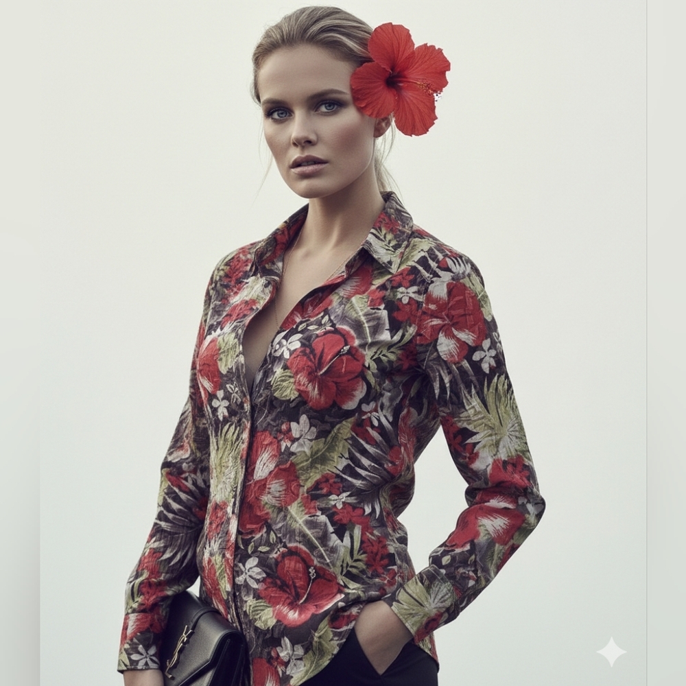 Cino Floral Print Cotton Top Crinkle Rio Inspired Colors Red Black Green White